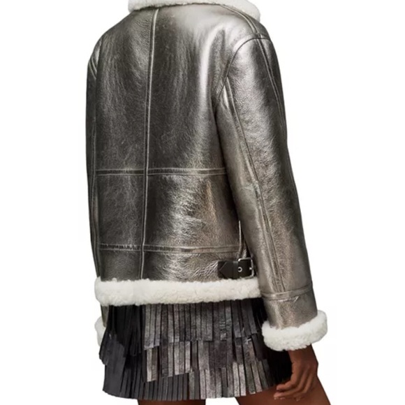 NWT AllSaints Silver Lorel Shearling Jacket Medium – Metallic Luxe Statement - Picture 2 of 15